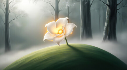 White Flower Blooming in Misty Forest - AI-Generated Image