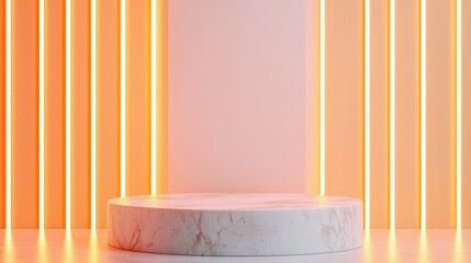 A minimalistic display stage with soft orange lighting and a round marble pedestal, creating an elegant ambiance.