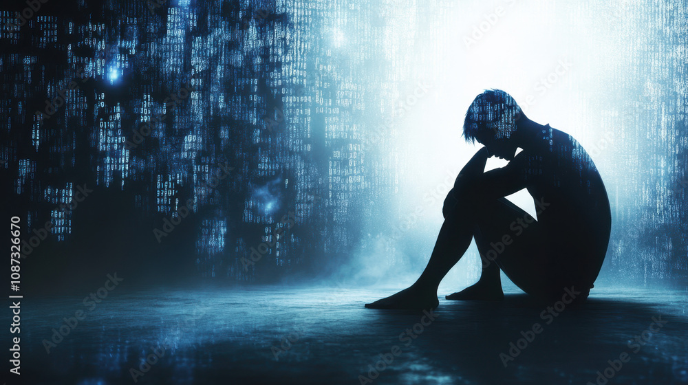 Poster victim of cybercrime. a silhouette of a person sitting in a dark space, surrounded by digital patter