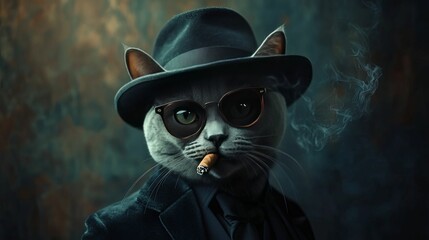 A sophisticated gray cat in a fedora smokes a cigar