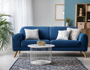 a living room with a blue couch and a white coffee table