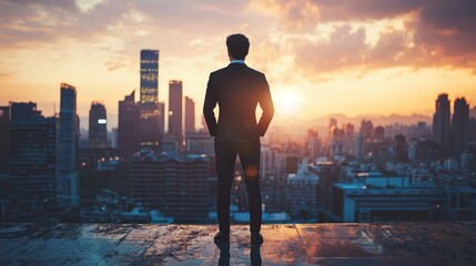 A young professional standing confidently on a rooftop, overlooking a city skyline, symbolizing ambition and career aspirations