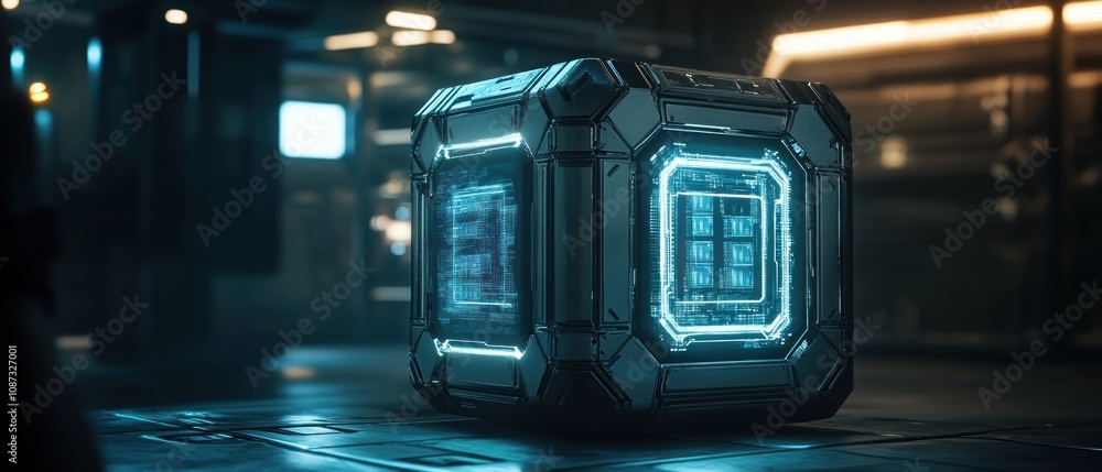 Poster a futuristic, illuminated cube in a high-tech environment, suggesting advanced technology.