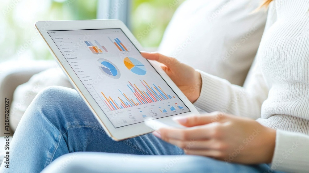 Poster woman engaging with tablet displaying data visualizations