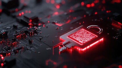 A glowing padlock symbol rests on a circuit board, embodying digital security and technological innovation within a cybernetic themed artistic style.