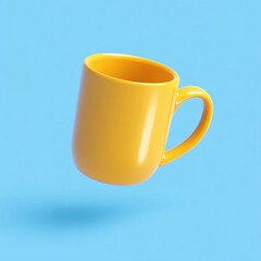 Obraz premium 3D icon of a coffee mug floating in the air, yellow in color with a blue background. 