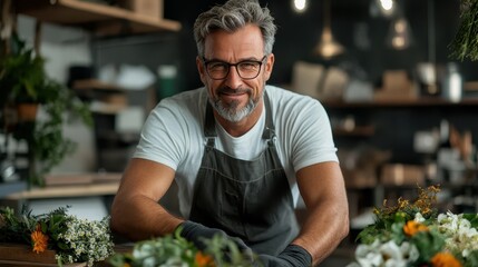 A cheerful florist stands behind a display of fresh flowers and greenery, showcasing a lush, vibrant array of florals in a warmly lit, artistic setting.