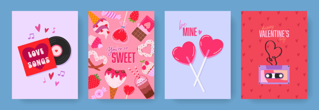 Hand drawn greeting cards set of Valentines Day and Love with typography. Cartoon design with cute romantic elements, vinyl and cassette record, lollypops, sweets. Vector concept for print, banner