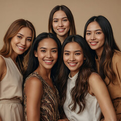 Fototapeta premium Beauty. Multi-Ethnic Group of women with different skin types together and looking on camera. Diverse ethnicity women - Caucasian, African, and Asian posing and smiling against a beige background.