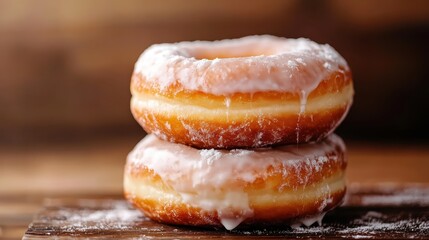 Two glazed donuts are stacked, showcasing their sugary glaze and fluffy texture. The image captures the tempting allure of a sweet indulgence.