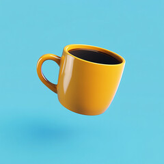 3D icon of a coffee mug floating in the air, yellow in color with a blue background. 
