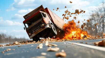 A powerful image showing an orange truck amidst its collision, with fire erupting and debris scattering, emphasizing the drama of vehicular destruction.