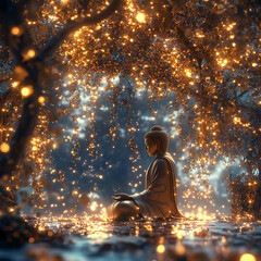 Obraz premium Serene Buddha Surrounded by Glowing Lights