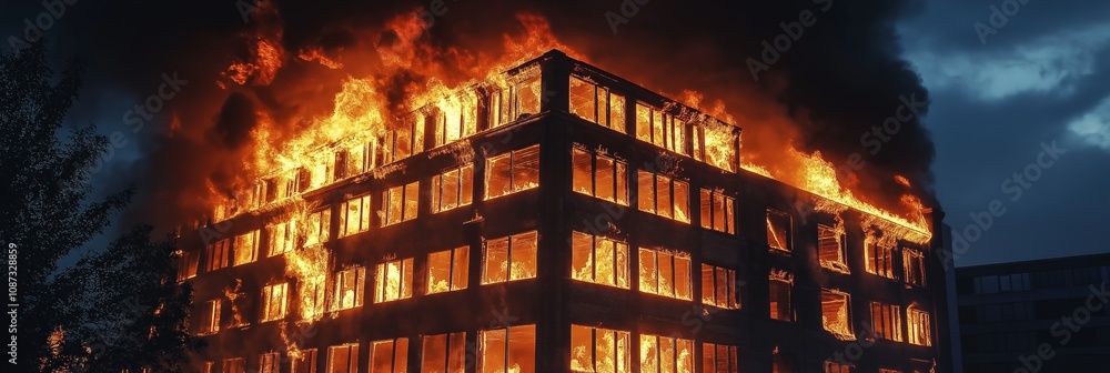 Poster a building is on fire with smoke billowing out of the windows. the fire is so intense that it is vis