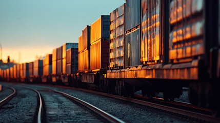 Fototapeta premium Long freight train with stacked shipping containers during sunset, casting a warm glow on the railway tracks in an industrial setting