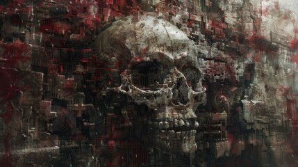 Obraz premium A Skull Embedded in a Grungy Mechanized Wall