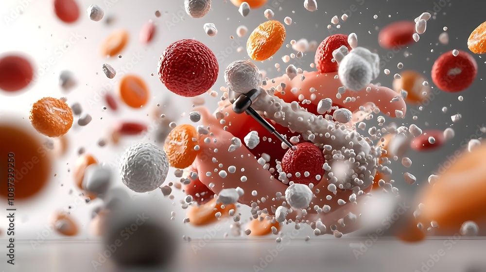 Poster a 3d rendered digital depicting the dynamic composition of insulin molecules interacting with other 