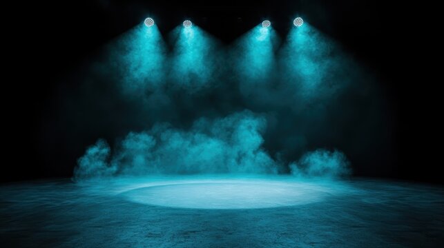 Vibrant electric blue spotlights illuminate a stage with dynamic, dramatic smoke effects, creating a visually striking and energetic atmosphere, ideal for events.