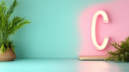 A vibrant display featuring a large neon letter 'C' illuminated against a pastel wall, flanked by...