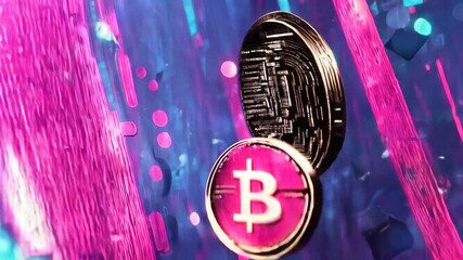 Gold and pink bitcoin cryptocurrency coins are falling through cyberspace. This 3d animation is ideal for any project about bitcoin, cryptocurrency, or the metaverse