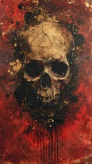 Abstract Skull Painting with Red and Gold