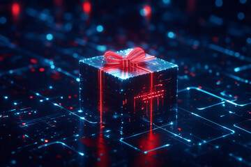 Glowing blue gift boxes with festive red bows. Concept of online shopping, digital gifts, and virtual presents in metaverse