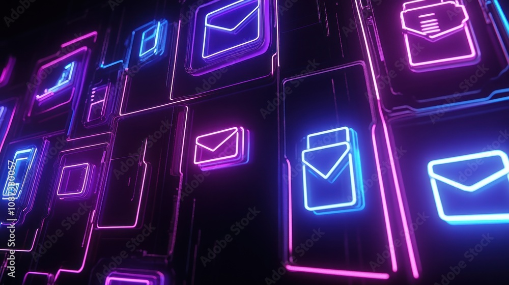 Poster a futuristic digital interface displaying various communication icons in neon colors.
