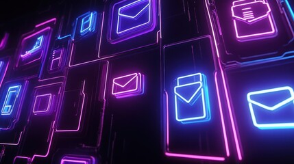 A futuristic digital interface displaying various communication icons in neon colors.