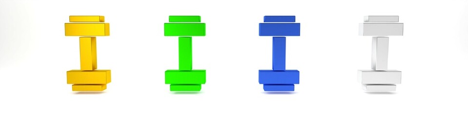 Colorful Dumbbell icon isolated on white background. Muscle lifting icon, fitness barbell, gym, sports equipment, exercise bumbbell. Minimalism concept. 3D render illustration