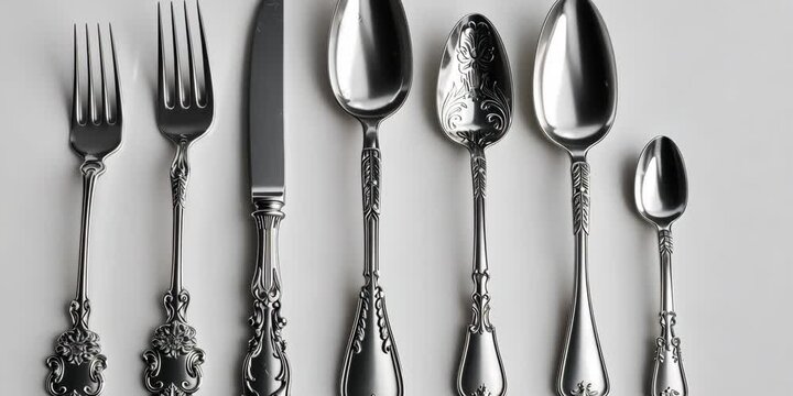 Polished silverware set, white background, 4K Video