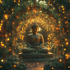 Serene Buddha Statue Surrounded by Glowing Lights