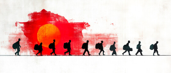 A group of silhouetted figures walks toward a vibrant red sun, symbolizing migration, journey, and hope against a stark background.