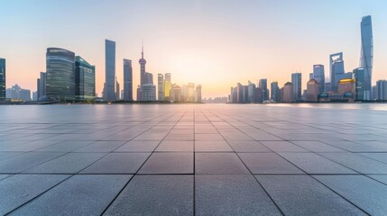 Obraz premium Empty square floor with city skyline background, Cityscape with a blend of time periods, historical landmarks juxtaposed with modern architecture in the urban panorama