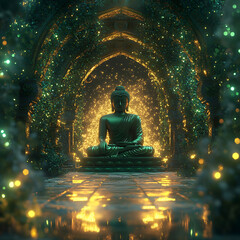 Serene Buddha Statue in Enchanted Garden Setting