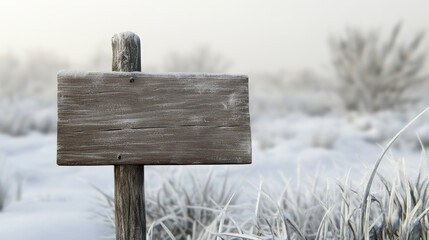 Naklejka premium A wooden signpost stands in a snowy landscape, surrounded by frosted grasses and shrubs.