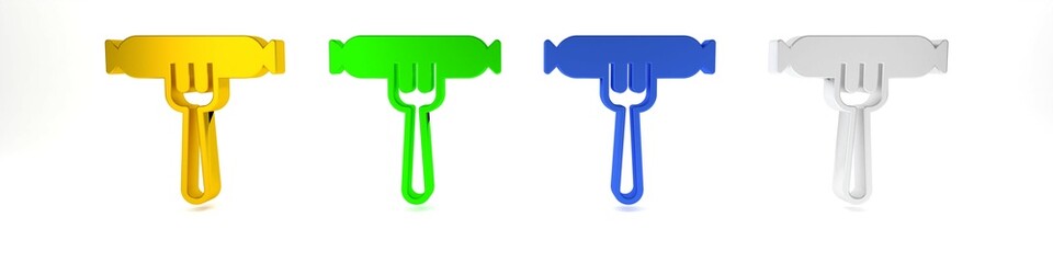 Colorful Sausage on the fork icon isolated on white background. Grilled sausage and aroma sign. Minimalism concept. 3D render illustration