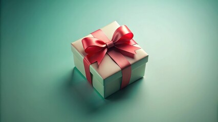 Obraz premium A simple white gift box adorned with a bright pink satin ribbon, tied into a classic bow, rests on a smooth turquoise surface, ready to bring joy and surprise.