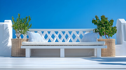 Fototapeta premium White Bench with Cushions and Plants on a White Deck with a Blue Sky