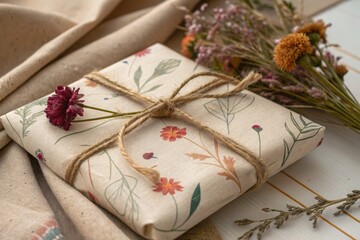 Beautifully wrapped gift with dried flowers on a soft fabric surface, perfect for any occasion or celebration
