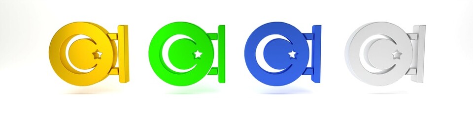 Colorful Star and crescent - symbol of Islam icon isolated on white background. Religion symbol. Minimalism concept. 3D render illustration