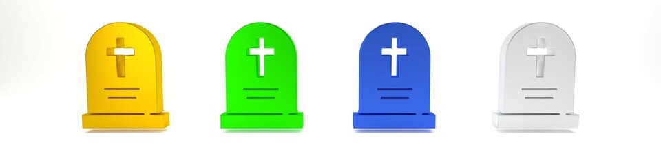 Fototapeta premium Colorful Tombstone with cross icon isolated on white background. Grave icon. Happy Halloween party. Minimalism concept. 3D render illustration