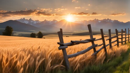 A rustic split rail wooden fence in a golden wheat field with the sun setting behind distant mount, AI Generated