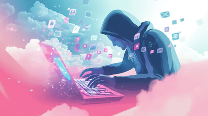  Victim of Cybercrime. A digital illustration of a hooded figure working on a laptop, with colorful app icons emerging from the screen against a dreamy cloud background.