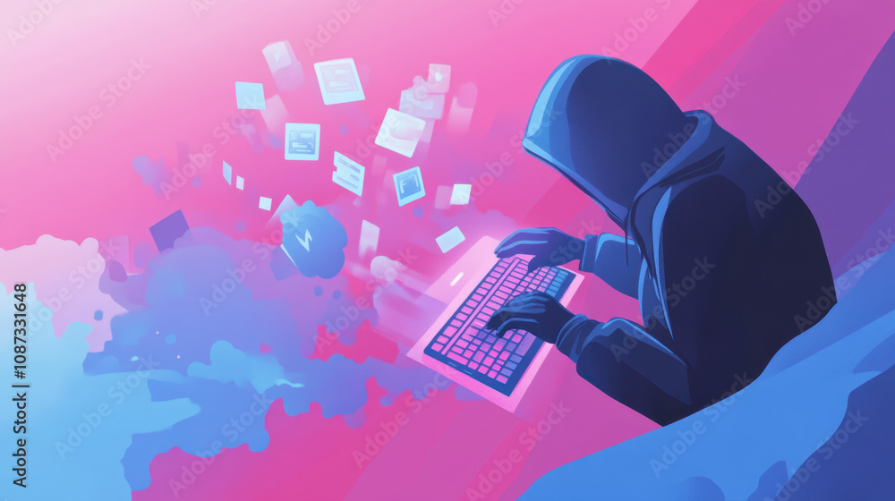 Aufkleber victim of cybercrime. a digital representation of a hooded figure typing on a keyboard, surrounded b