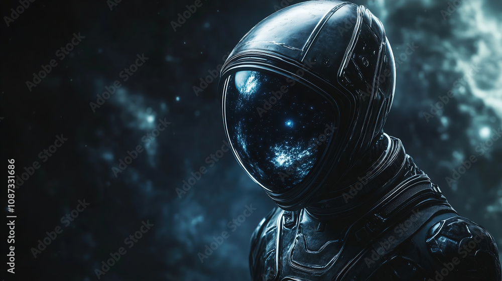 Poster Astronaut exploring the depths of space with a star-filled helmet during a cosmic journey in a distant galaxy. Generative AI