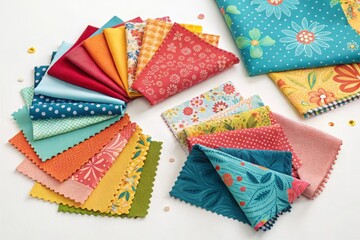 Colorful fabric swatches displayed creatively on a white surface for crafting and sewing enthusiasts showcasing vibrant patterns and textures