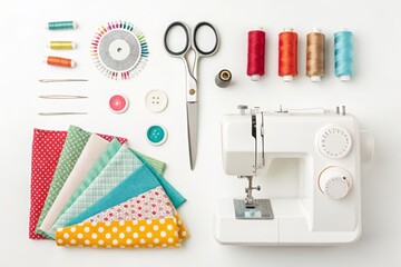 A collection of vibrant fabrics, sewing tools, and a sewing machine arranged neatly on a white surface in a bright workspace - obrazy, fototapety, plakaty