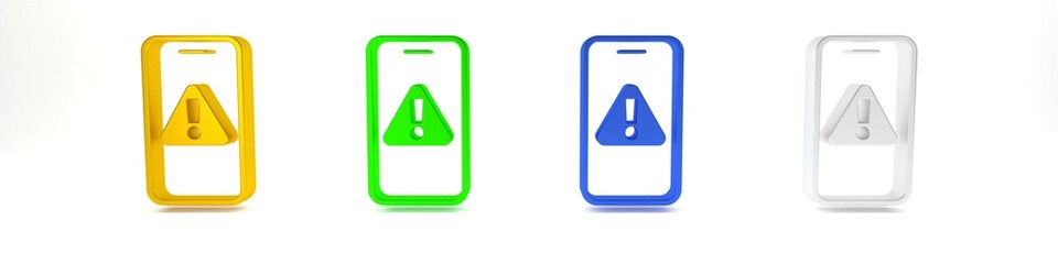 Colorful Mobile phone with exclamation mark icon isolated on white background. Alert message smartphone notification. Minimalism concept. 3D render illustration
