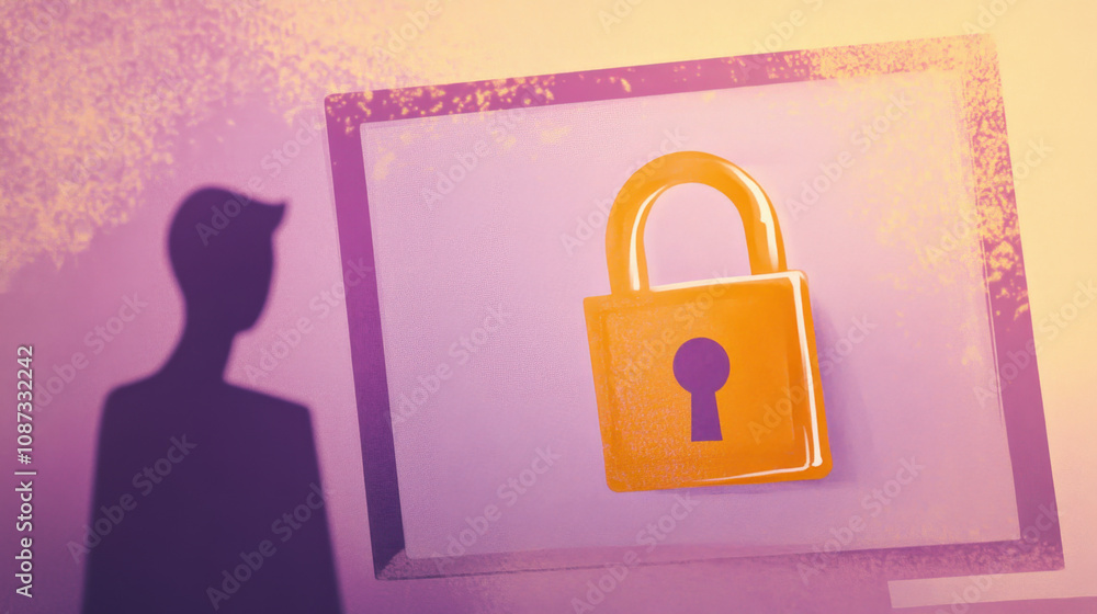 Poster victim of cybercrime. a stylized image featuring a padlock and a shadow, symbolizing security and pr