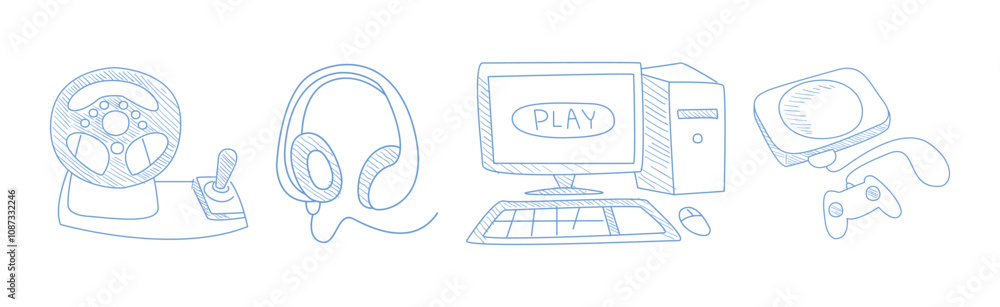 Poster computer game playing hand drawn object and item vector set